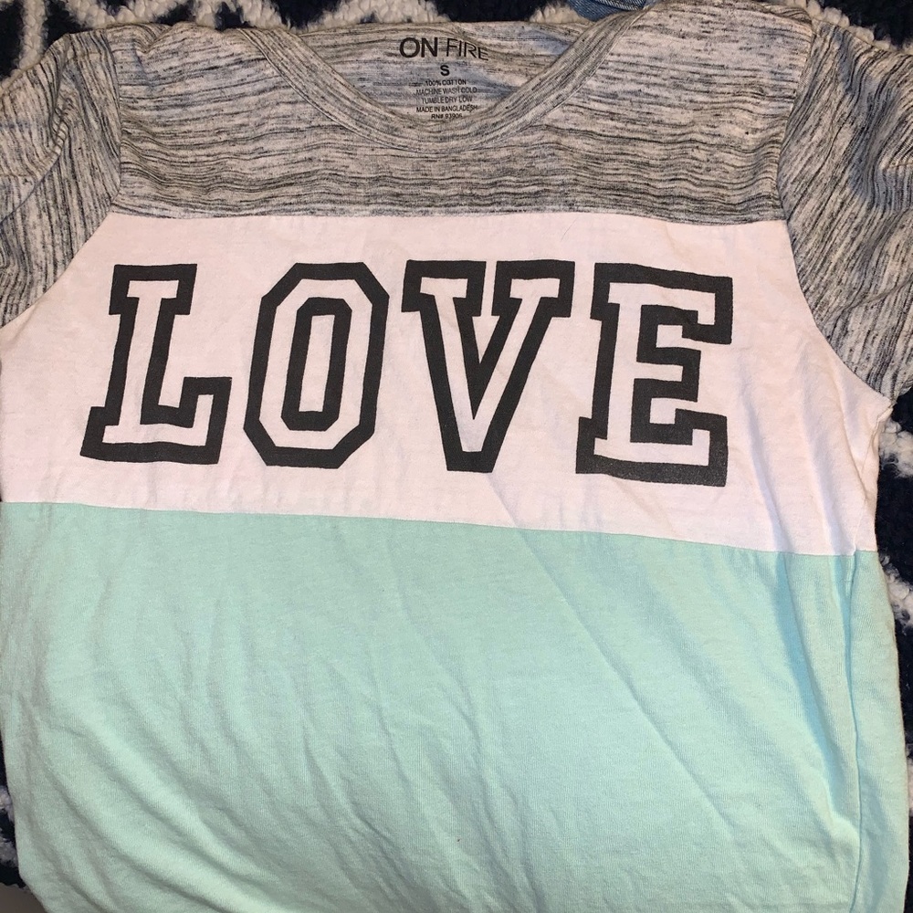 gray white and mint green shirt with love icon